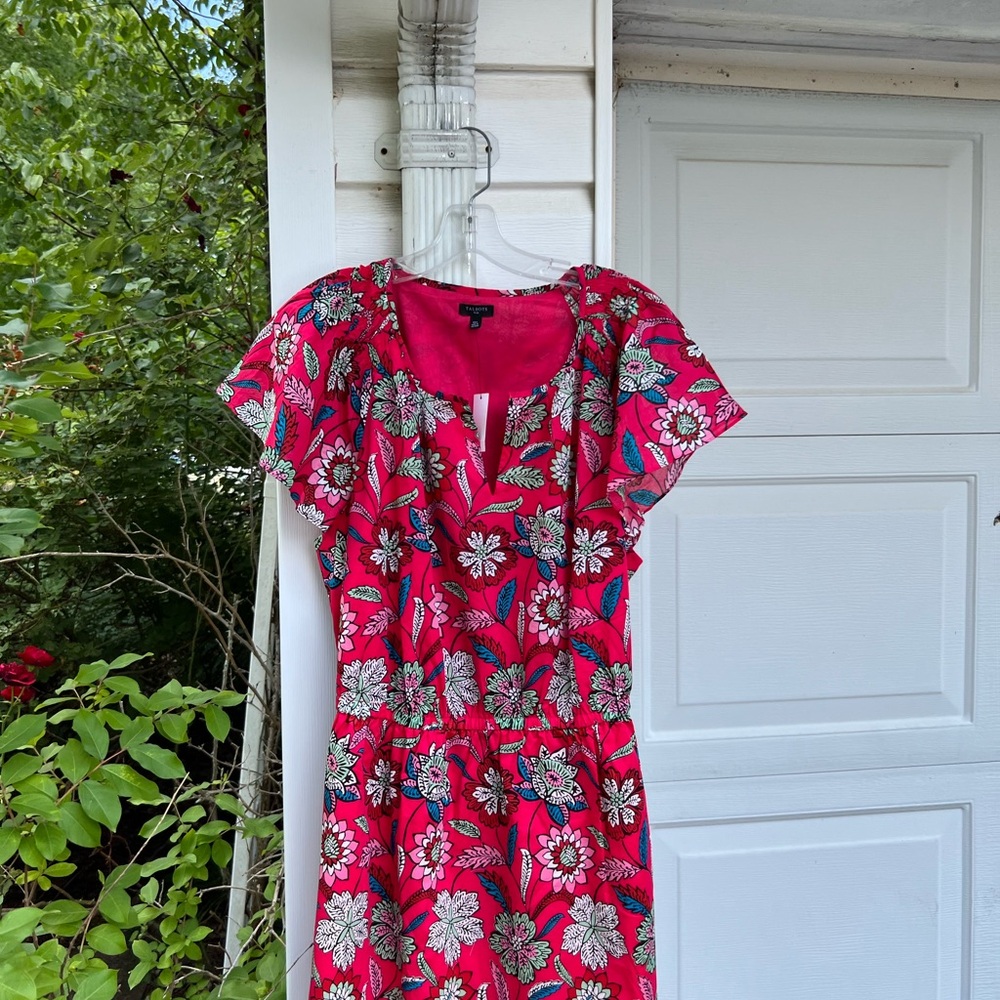 NWT Talbots Pretty Red Multicolored Floral Flutter Sleeve Cotton Lined MIDI - Picture 2 of 5